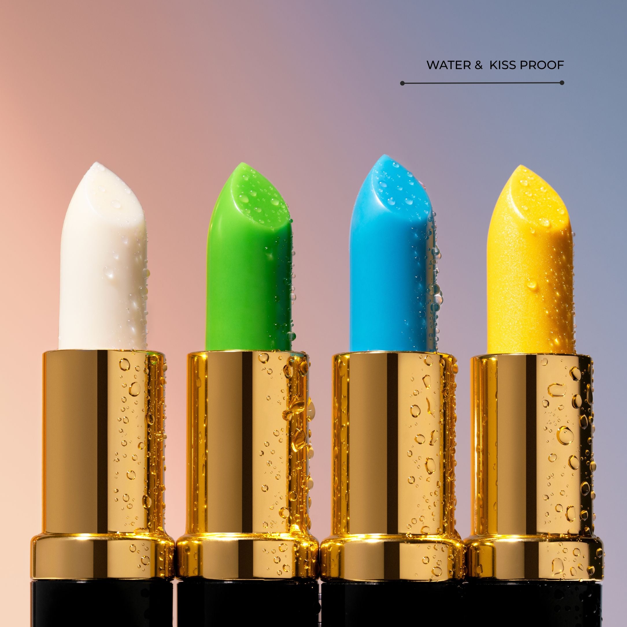 LAVERTU Lipstick Excellent Yellow with water droplets - waterproof, kiss-proof formula.