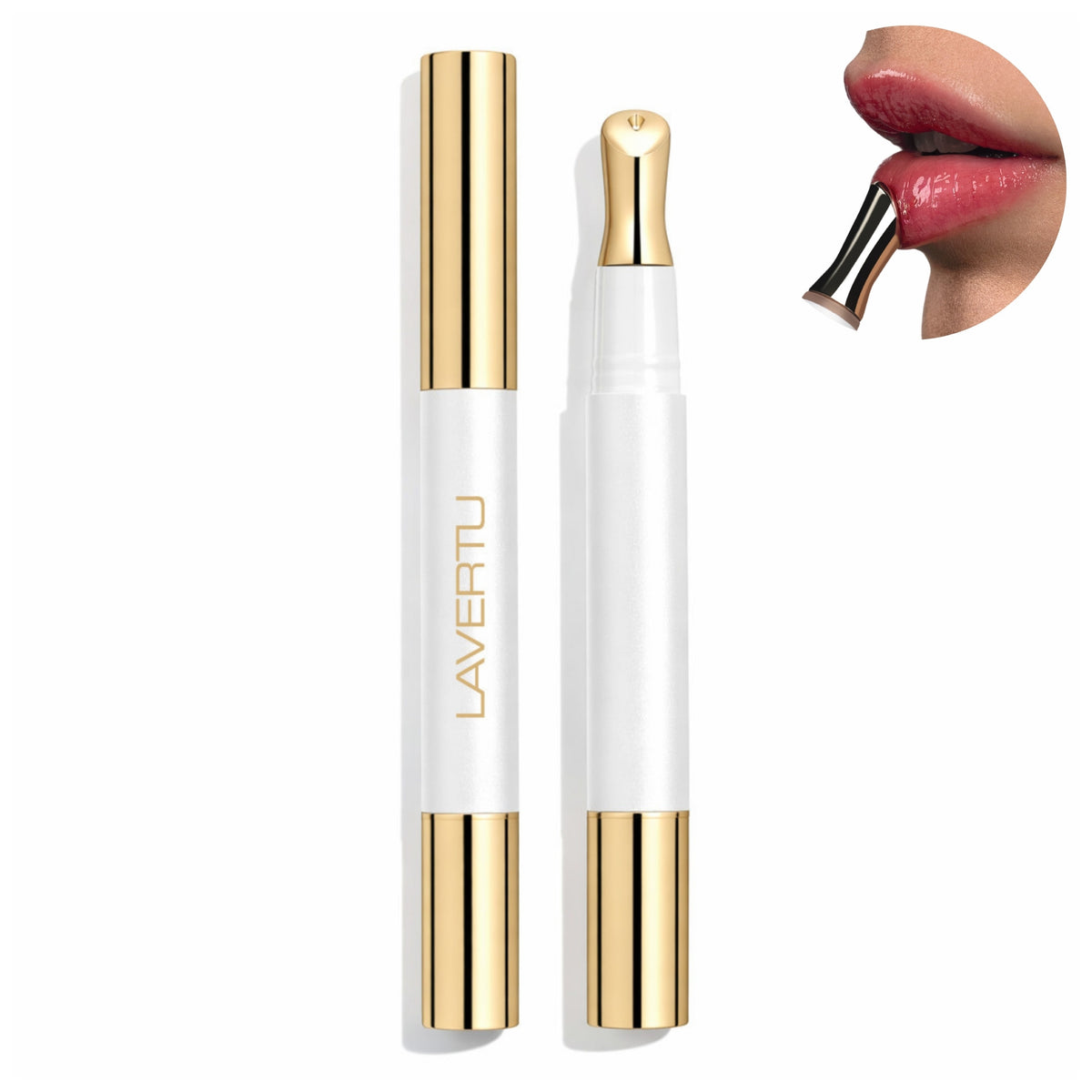 Lavertu Renewal Adaptive Lip Oil met applicator en voorbeeld van aanbrengen op de lippen