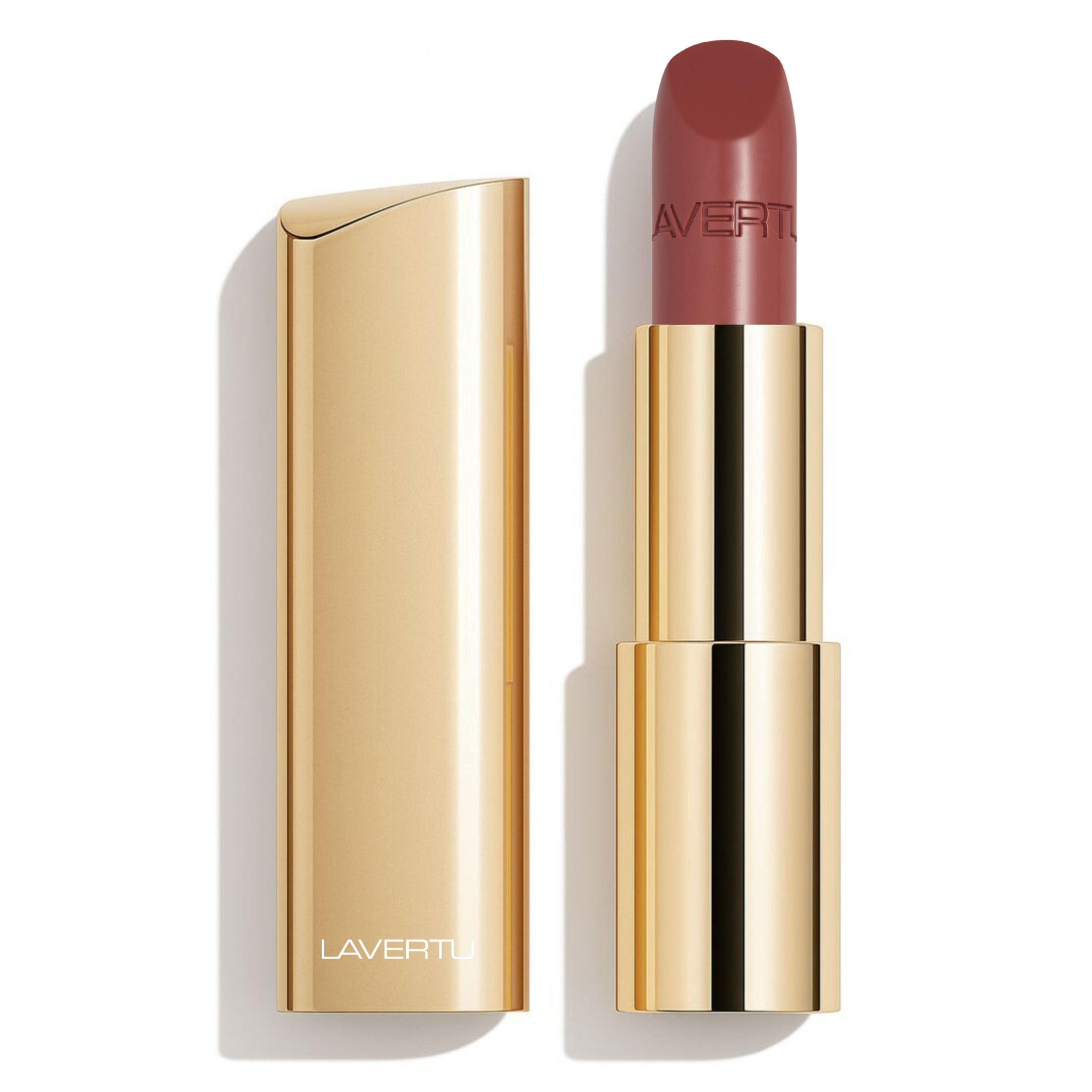 LAVERTU Lipstick Nature 41 Nude in a warm nude brown-pink shade with natural colour and a creamy semi-matte finish, presented in a luxury gold case.