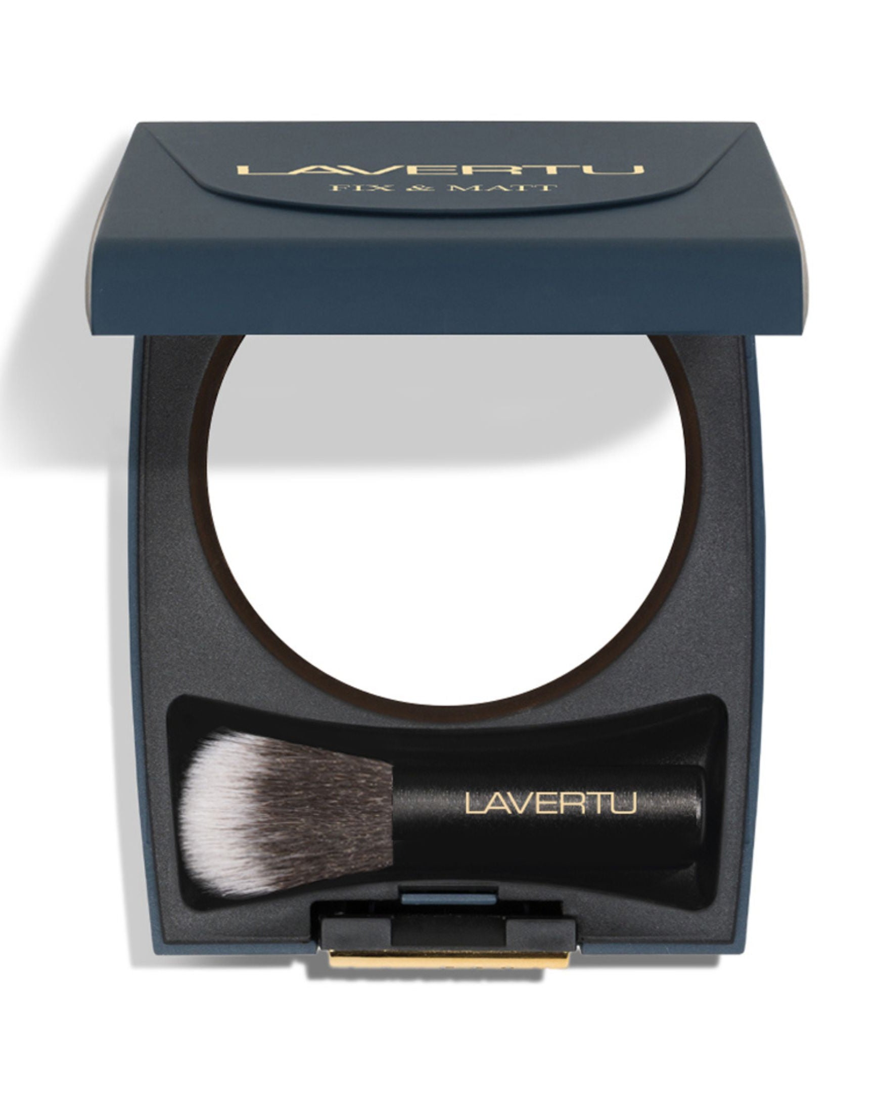 Lavertu Translucent Fix Matt Powder compact with integrated brush for matte, smooth makeup finish.