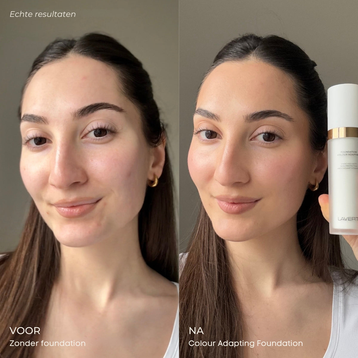 Voor en na resultaat met Lavertu Colour Adapting Foundation
