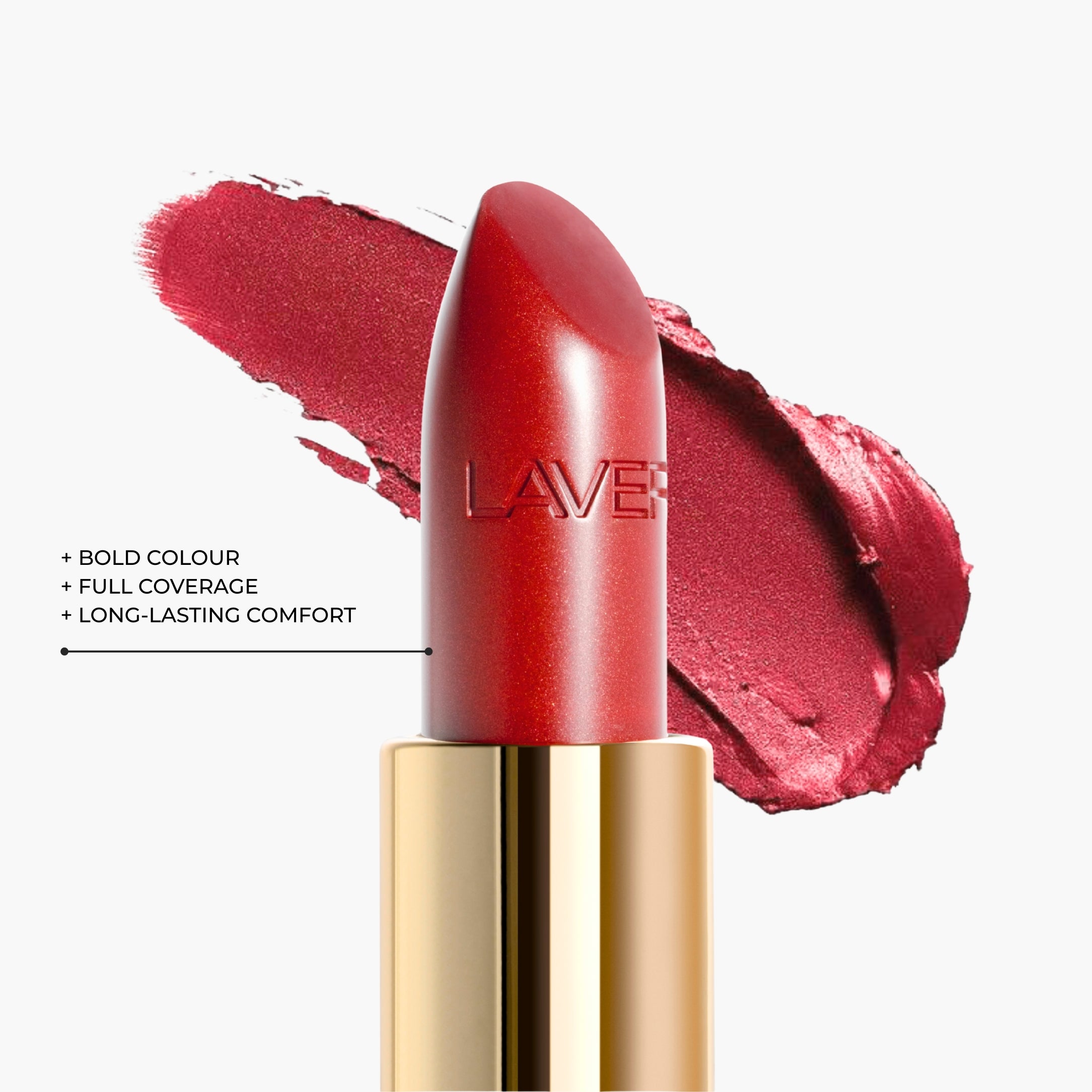Close up texture of LAVERTU Lipstick Unique showing a warm vibrant red pigment with subtle brick undertones, delivering intense colour payoff, rich creamy texture and a smooth matte finish.