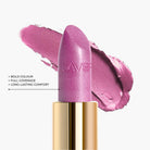 Close up texture of LAVERTU Lipstick Unique 21 Nitida Rose showing a soft dusty rose pigment with cool lilac undertones, refined satin matte texture, smooth creamy application and high colour payoff.