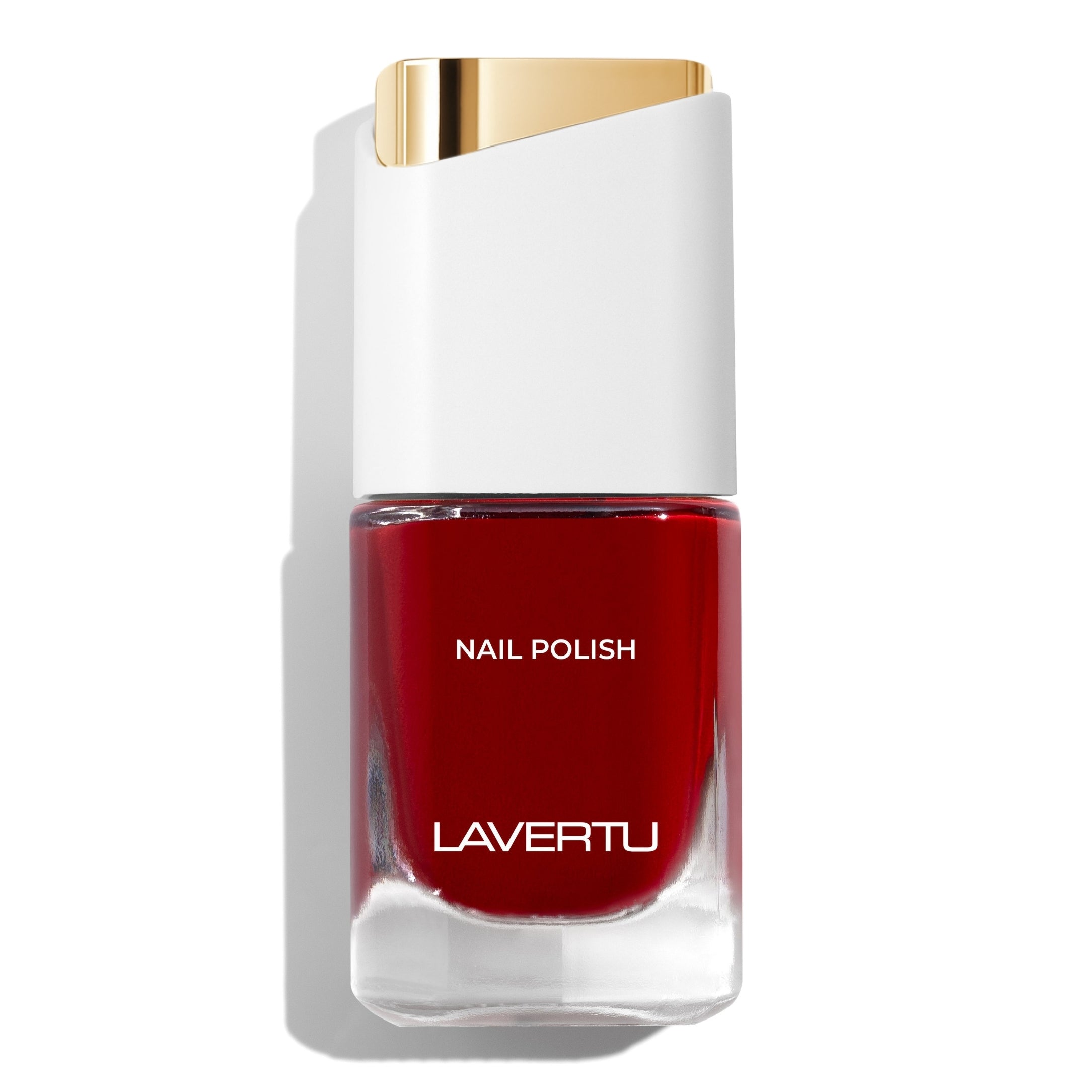 LAVERTU Nail Polish Unique 17 Kassel Red packshot featuring a rich classic red nail colour with full coverage and glossy finish in a sleek glass bottle.