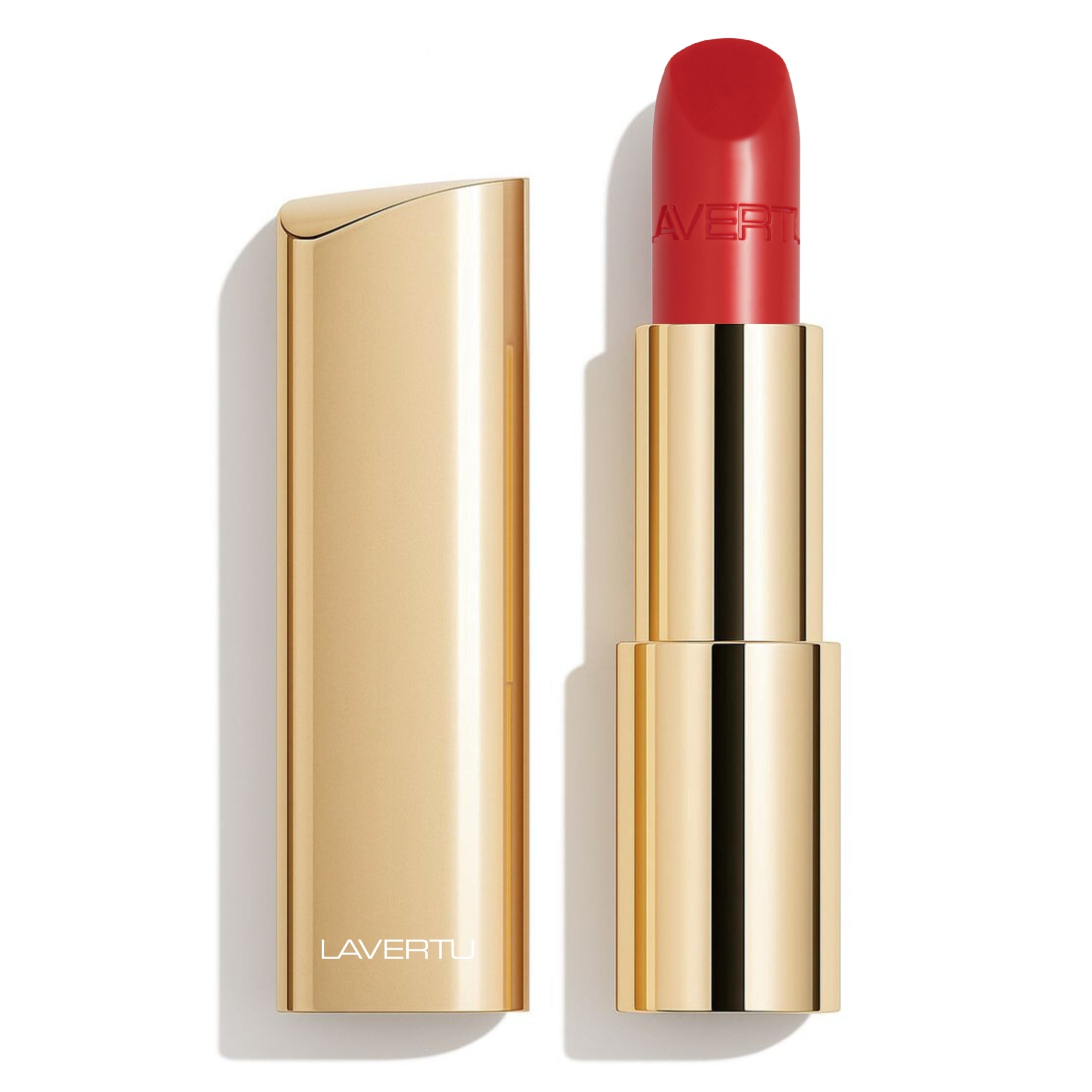 LAVERTU Lipstick Unique 17 Kassel Red packshot featuring a vibrant bright red shade with full coverage in a luxurious gold case and smooth matte finish
