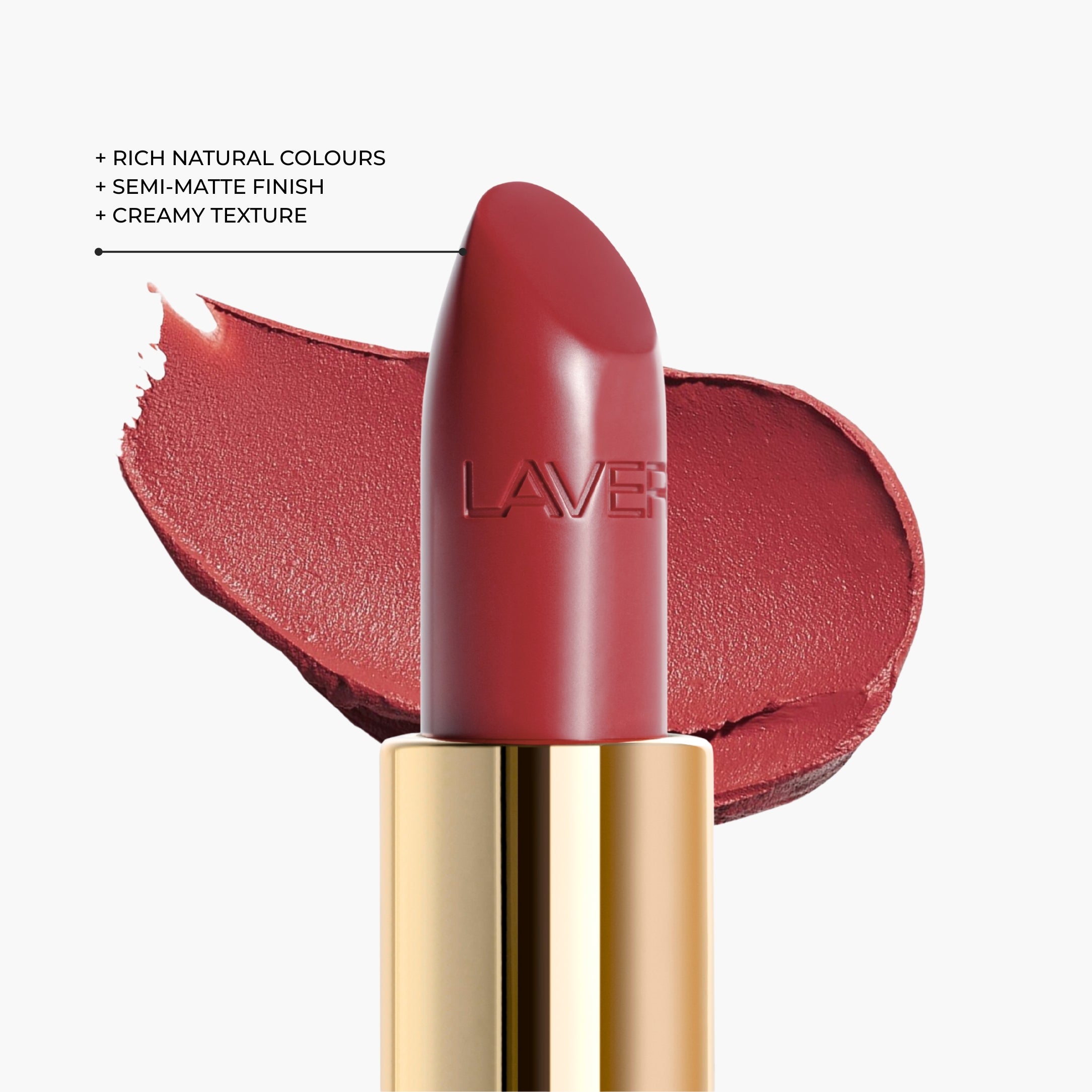 Texture close-up of LAVERTU Lipstick Nature 36 Diablotin Red showing a deep classic red with warm undertones, creamy texture and soft semi-matte finish.